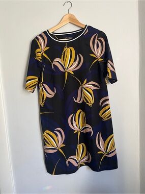 Black Floral Shift Dress with Yellow & Pink Accents